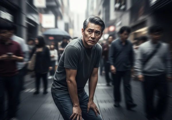 Person feeling overwhelmed in crowded public spaces