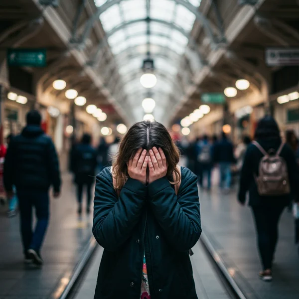 Person feeling overwhelmed in a crowd, symbolizing agoraphobia.