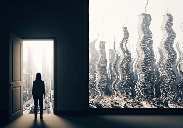Person hesitating at a doorway, fearing the outside world.