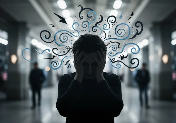 Person experiencing panic, with swirling thoughts and fear.