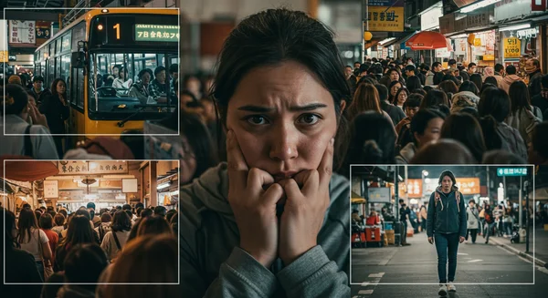 Person feeling trapped in various public situations
