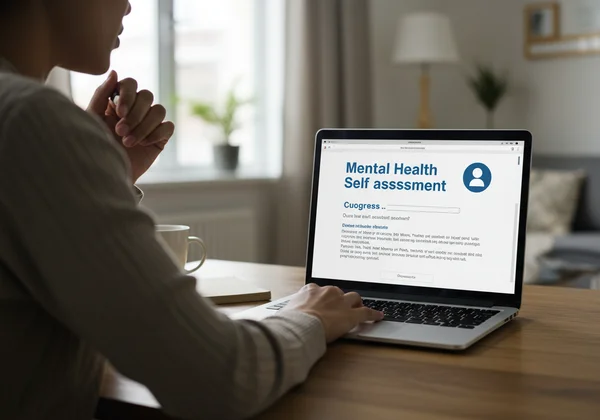 Người đang suy nghĩ xem xét một bài tự đánh giá trực tuyến