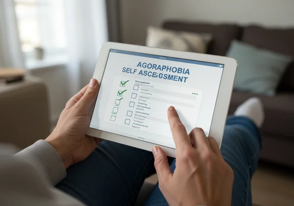 Người đang thực hiện tự đánh giá trực tuyến về chứng sợ không gian rộng trên máy tính bảng.