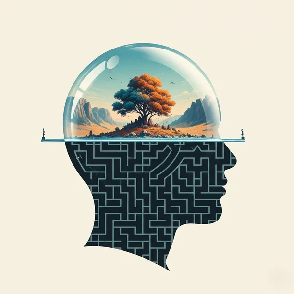 Conceptual art of a mental maze inside a person's head.