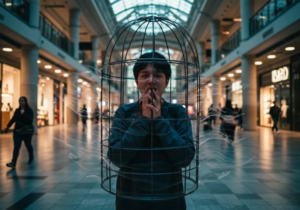 Person feeling trapped by anxiety in an open space