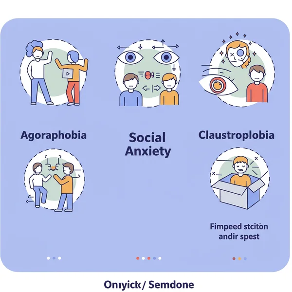 Three distinct thought bubbles comparing agoraphobia, social anxiety, claustrophobia.