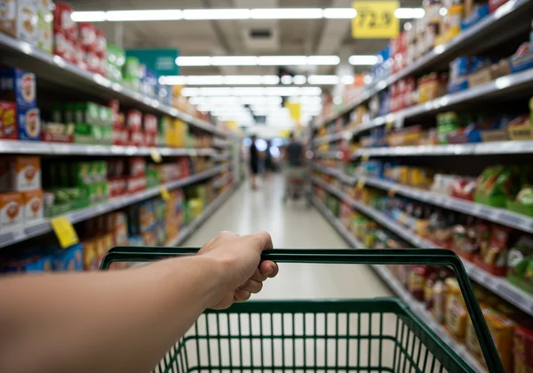 A person looking anxious while shopping in a supermarket.