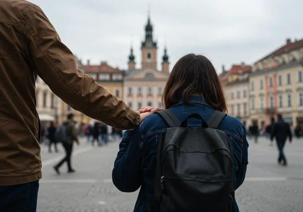A person relying on a safety person in a crowded place.