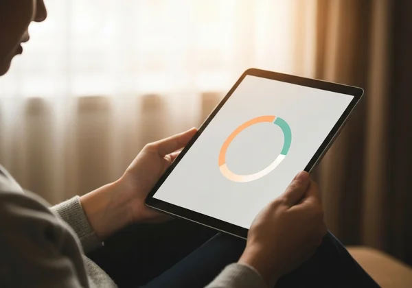 Person completing a self-assessment form on a digital tablet.