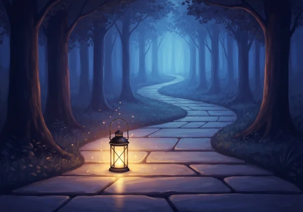 A warm lantern lighting a path in a dark forest, symbolizing guidance and hope.